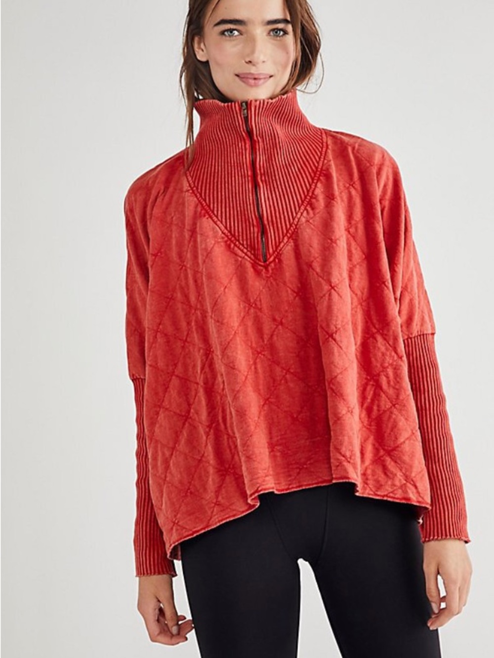 Free People FP One Shiloh Quilted Sweatshirt Quarter Zip Sweater Red 100% Cotton